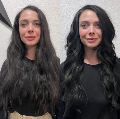 Before and after: long dark hair styled into glossy barrel curls