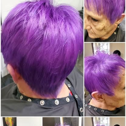 Electric violet pixie cut, back and side views