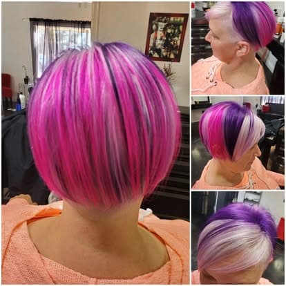Dark-to-magenta color melt with blunt bangs